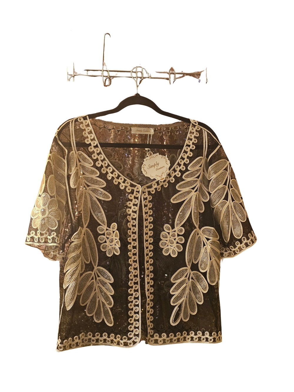 Simply Couture Black Sequin Short-Sleeve Jacket with Gold Embroidery